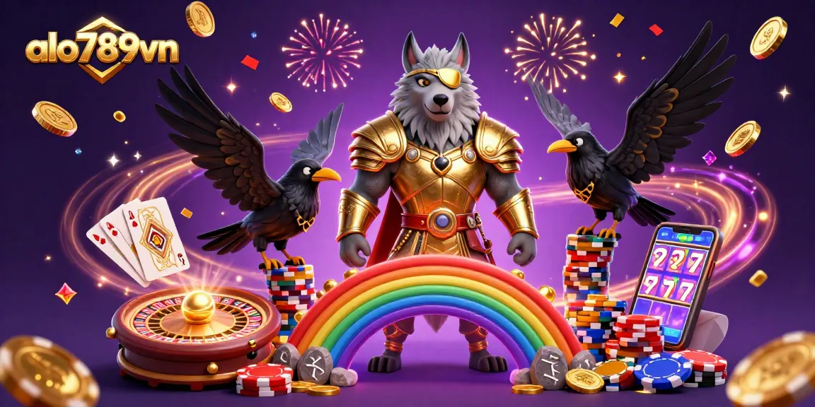 Experience thrilling gameplay at alo789vn with Odin and ravens amidst sparkling casino elements.
