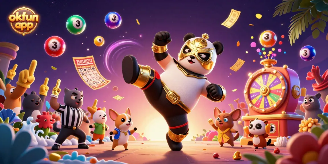 Engage with the okfun app featuring a vibrant scene of a wrestling panda delivering a kick amidst lottery excitement.