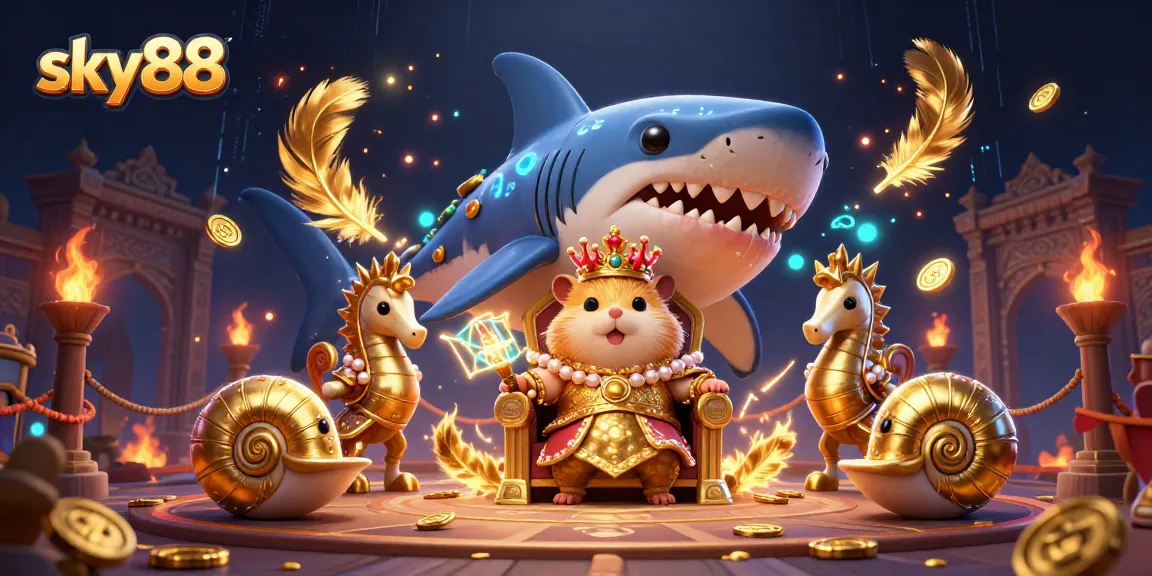 Experience thrilling gaming action at sky88, with the fierce hamster king and vibrant casino elements.