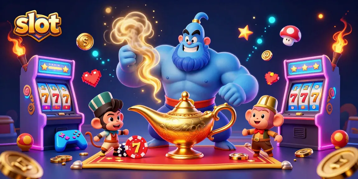 Engage with the slot gaming action featuring vibrant characters, colorful machines, and dazzling golden elements.