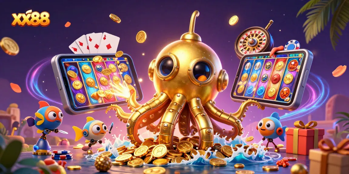 Engage with thrilling xx88 casino action featuring a golden kraken submarine amidst vibrant game elements.