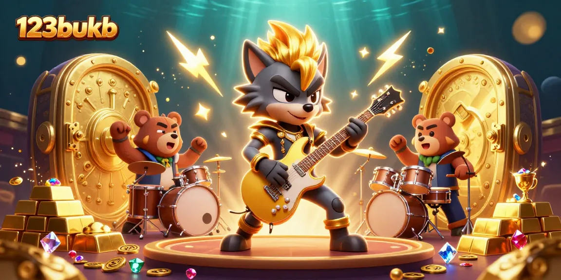 Experience thrilling gameplay with 123bukb as the rock star wolf shreds on stage amidst a treasure-filled casino.