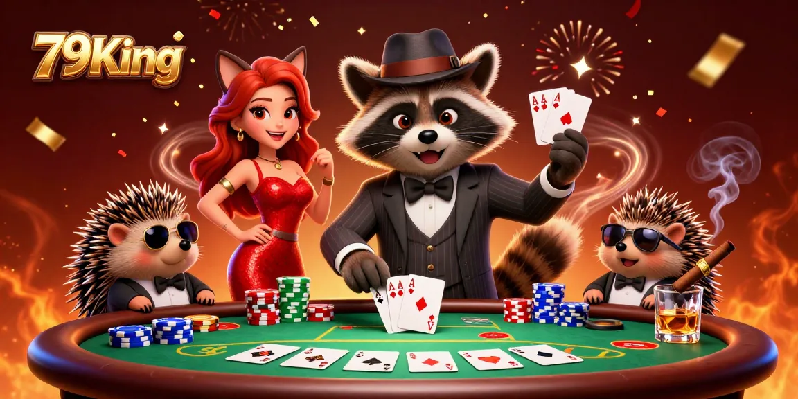 Experience the thrills of 79King with raccoon, fox, and hedgehog in a vibrant casino scene.