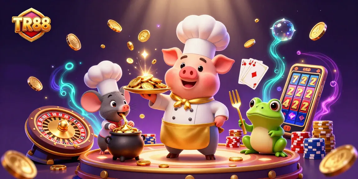 Experience TR88 with a whimsical scene of a chef pig serving gold coins alongside a mouse and frog, amid vibrant casino elements.