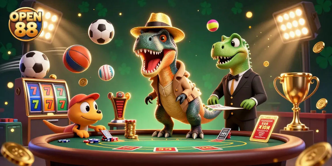 Engaging scene of a velociraptor card counter at OPEN 88 blackjack while a stegosaurus pit boss watches.