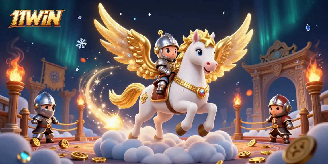 Experience the thrill of 11WIN with a celestial horse and knight in an exciting casino scene.