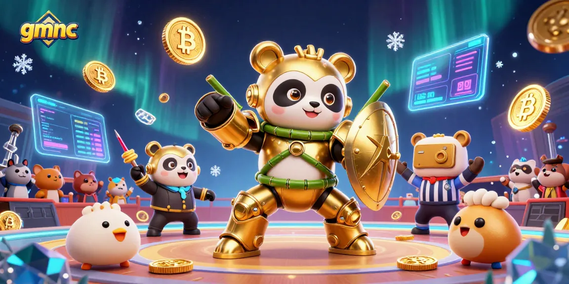 Experience thrilling gameplay with gmnc as a mech-suit panda battles in a crypto-themed arena.