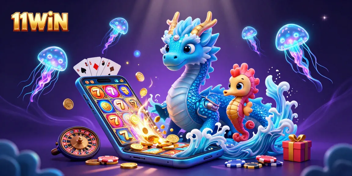 Experience the vibrant 11WIN casino magic with a dynamic water dragon and gaming elements.