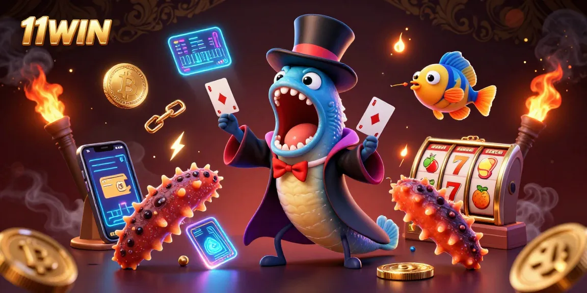 Engage with 11WIN's thrilling casino magic act featuring a bioluminescent eel and crypto elements.