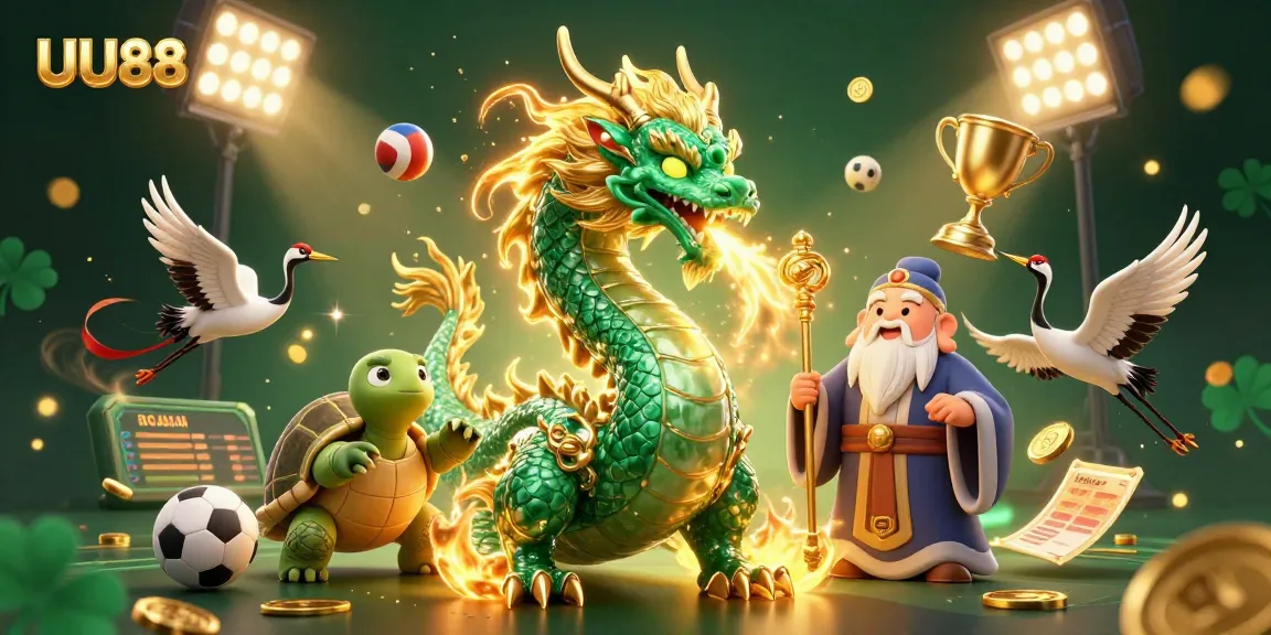 Experience exciting gameplay with UU88 featuring a jade dragon, lucky cranes, and golden sports elements.