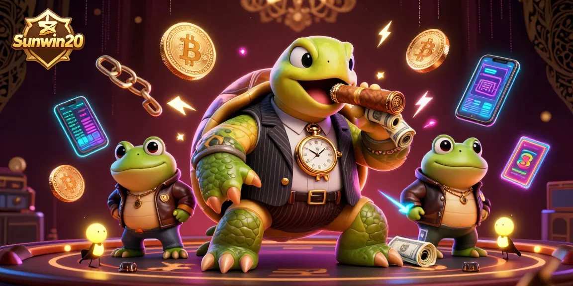 Engage with Sunwin20's thrilling casino scene featuring a mobster turtle and enforcer bullfrogs.