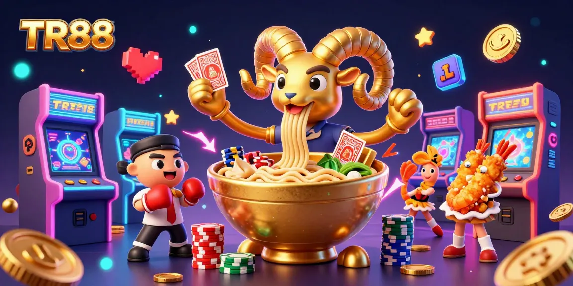 Experience TR88 with a vibrant, action-packed 3D casino illustration featuring a golden ramen bowl dealer and dynamic game elements.