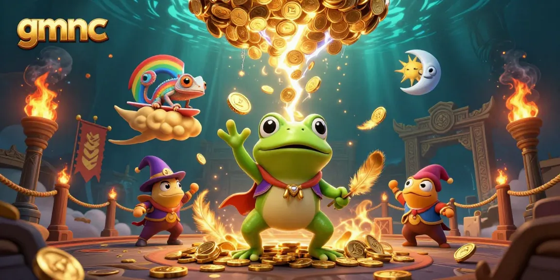 Experience the magic of gmnc as the weather wizard frog conjures a storm of golden coins in a vibrant casino scene.