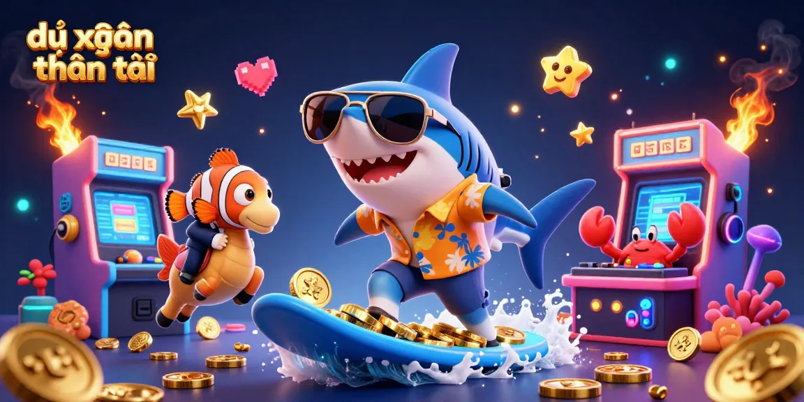 Engaging 3D digital illustration showcasing dự đoán xsmn thần tài with a shark, clownfish, and crab in a vibrant casino scene.