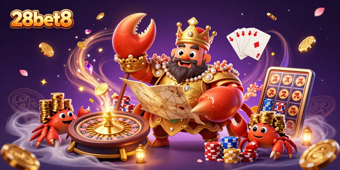 Experience 28bet8's vibrant gambling universe with a golden crab emperor leading a casino adventure.