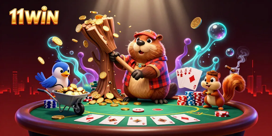 Experience the excitement with 11WIN as a beaver collects coins while playing poker.