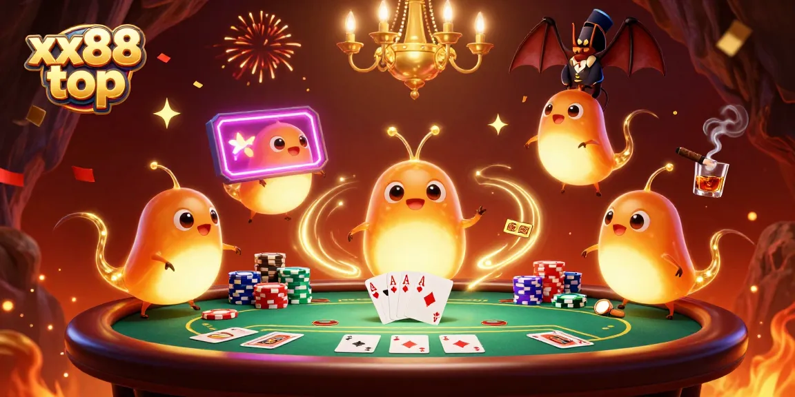 Engage with xx88 top thrilling poker action in a vibrant cave casino illuminated by glowing characters.