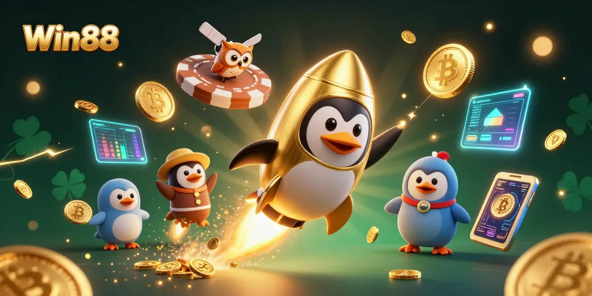 Win88 showcases a triumphant golden penguin amid casino cosmic treasures and cryptocurrency elements.