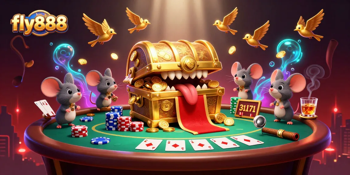 Engage with fly888's thrilling atmosphere featuring a golden treasure chest attracting adventurer mice amidst vibrant poker elements.