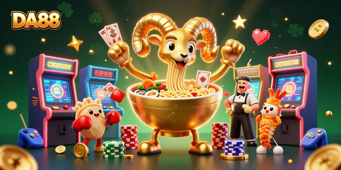 Engage in thrilling casino action with DA88's cartoon-style ramen bowl dealer and game elements.
