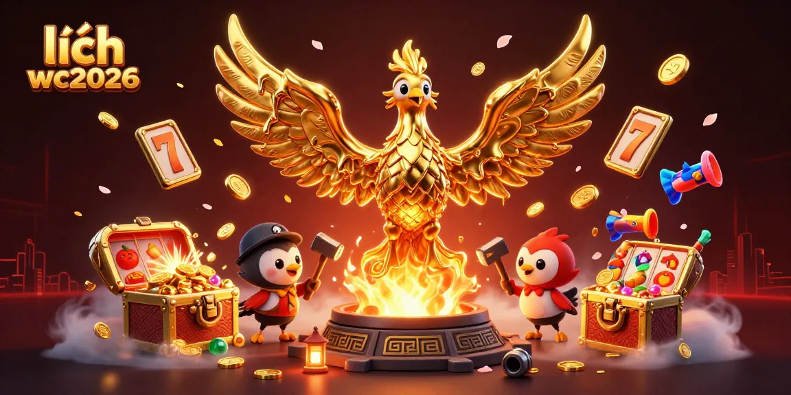 Engage with the stunning illustration of lịch wc2026 featuring a golden phoenix and dynamic casino elements.