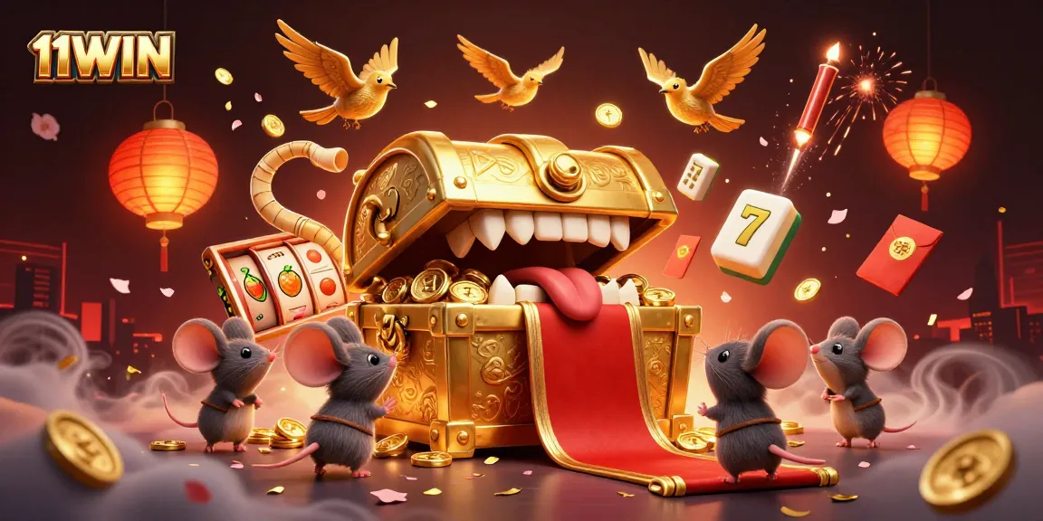 Engage with the vibrant 11WIN casino illustration showcasing treasure and excitement.