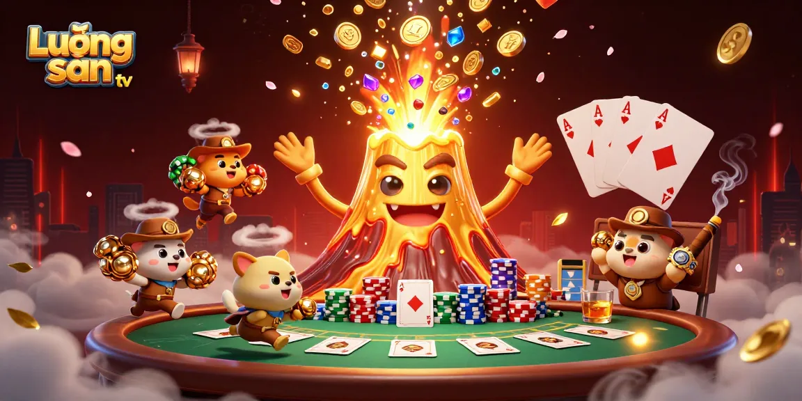 Lương sơn tv features a vibrant scene of a golden volcano and explorer animals amidst exciting casino elements.